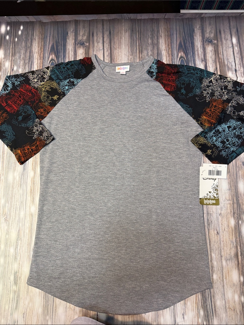 LuLaRoe Disney Randy Gray Raglan Tee with Multicolor Print Sleeves